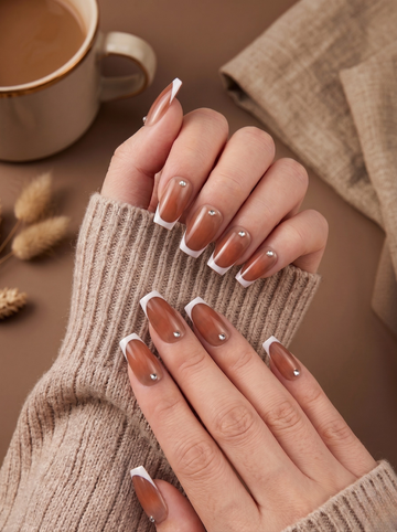 [NV-FY-034] Mocha French Luxe Coffin Nails with Crystal Studs