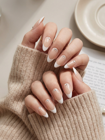 [NV-FR-015] Crystal-Dotted French Almond Elegance Set