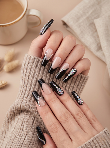 [NV-FY-033] Midnight Glamour Black French Tips with Crystals
