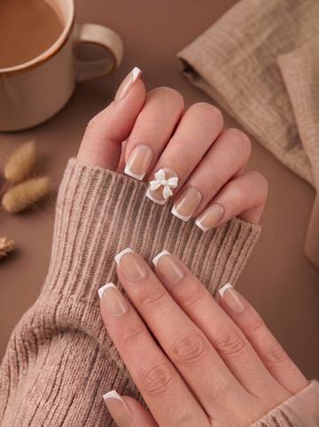 [NV-TY-037] Pearl White Bow French Tips | Elegant Coquette Square Nails