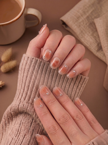 [NV-TY-038] Peach Aura Blush Nails with Heart Art & Crystal Accents