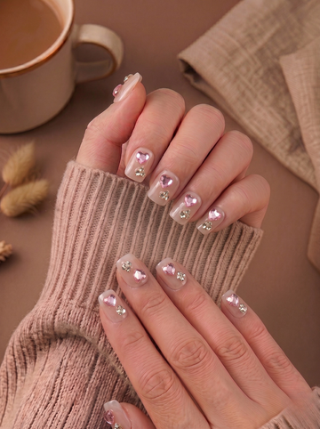 [NV-TY-040] Pink Crystal Heart & Gold Studded Nails | Aesthetic Coquette Square Set