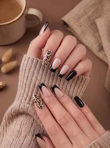 [NV-TY-041] Wild Elegance: Leopard Print & Matte Black French Tip Coffin Nails