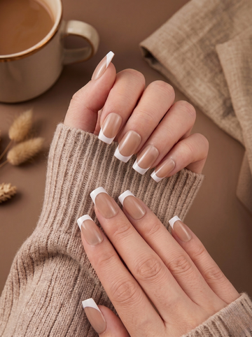 [NV-FR-035] Soft Beige French Tips | Classic Square-Oval Silhouette