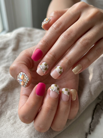 [NV-FY-044] Pink Punch & Gold Checkered Fusion | Crystal Statement Nails