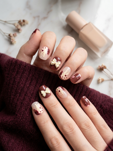 [NV-TY-045] Reddish Glaze & Cream Bows | 3D Dessert-Inspired Nail Art
