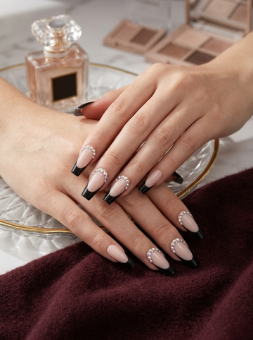 [NV-FY-046] Noir Halo French Tips | Crystal Embellished Coffin Nails