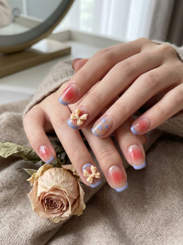 [NV-TY-047] Aura Blush & Pastel Blue Tips | 3D Coquette Bow Accents